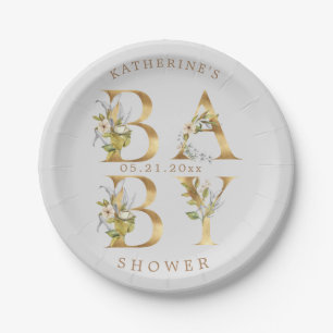Assiettes En Carton baby shower monogramme or fleuri