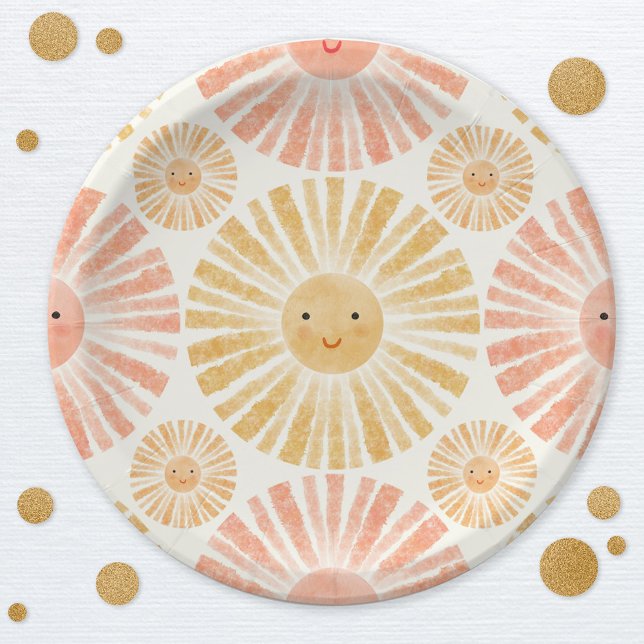 Assiettes En Carton Baby shower Motif Little Sunshine (Little ray of sunshine watercolor pattern baby shower party paper plates)