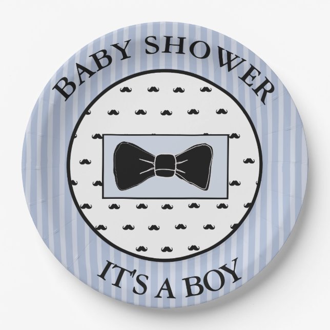 Assiettes En Carton Baby shower Moustache bleue et plaques Bowtie (Devant)