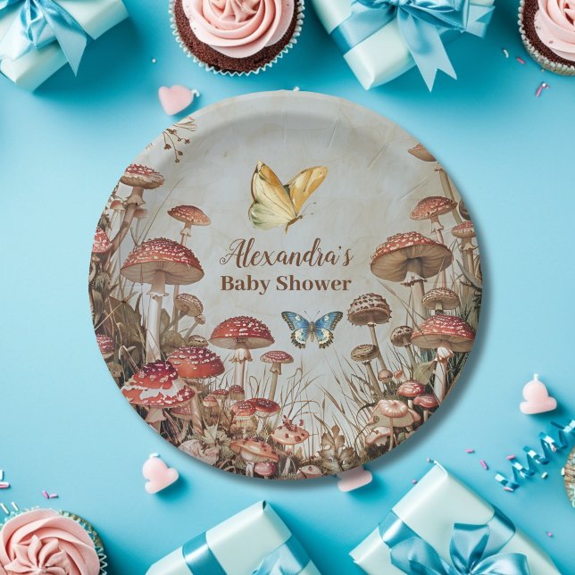 Assiettes En Carton Baby shower naturel des champignons papillons (Créateur téléchargé)