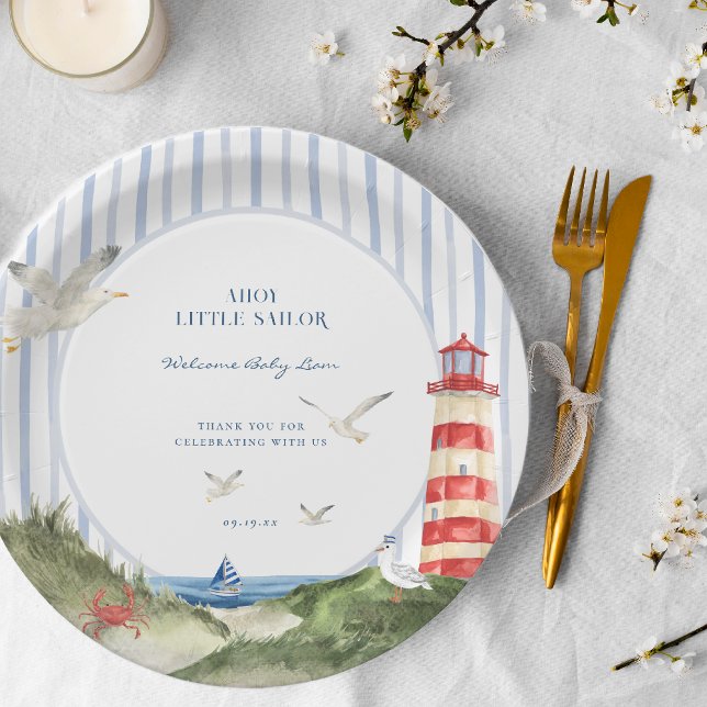 Assiettes En Carton Baby shower nautique Ahoy Little Sailor (Créateur téléchargé)