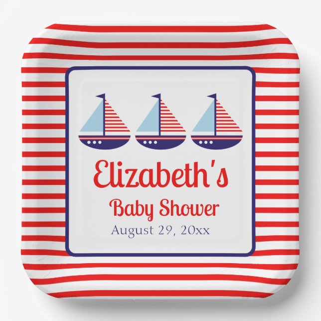Assiettes En Carton Baby shower Nautique Rouge Bleu Bleu (Recto)