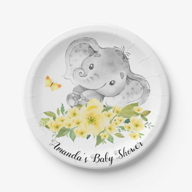 Assiettes En Carton Baby shower neutre 7" d'éléphant heureux plat (Devant)
