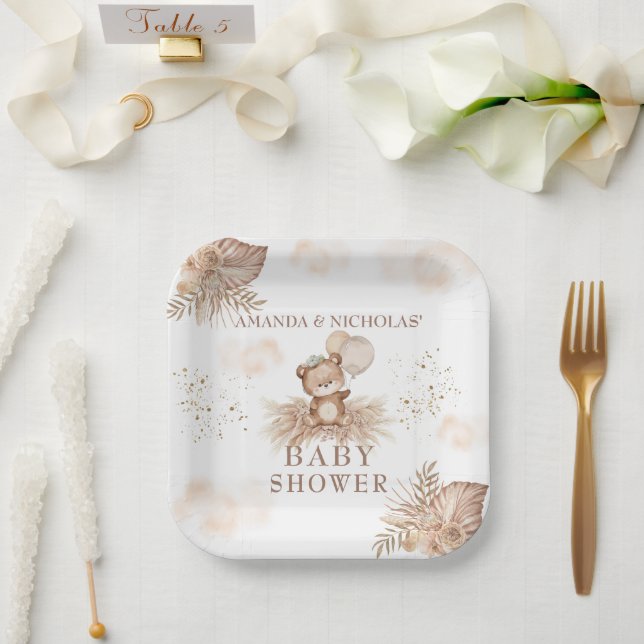 Assiettes En Carton Baby shower neutre de Boho Ours en peluche (Mariage)