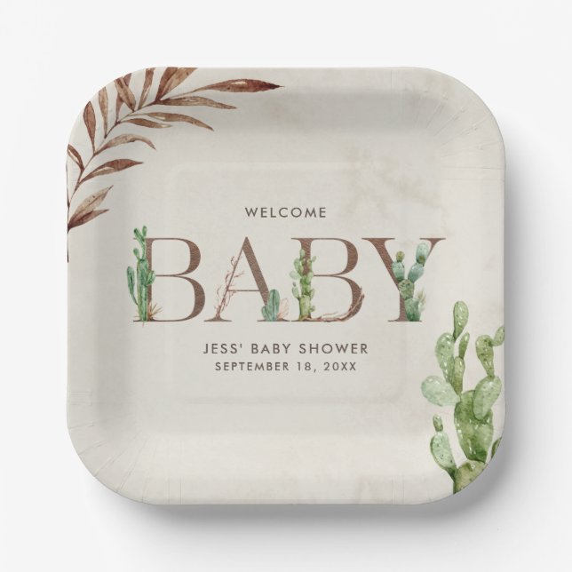 Assiettes En Carton Baby shower neutre en cuir Cactus (Recto)
