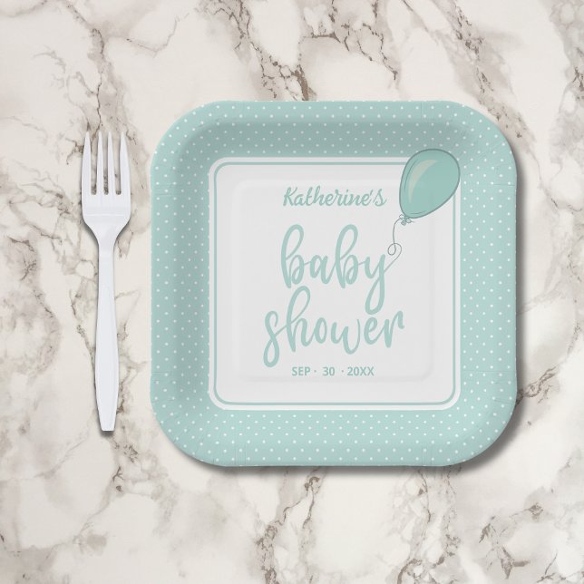 Assiettes En Carton Baby shower Neutre Genre Mint Vert (Baby Shower Gender-Neutral Mint Green Paper Plate with Polka Dots, Balloon, Mother's Name, Date.)