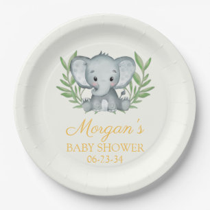 Assiettes En Carton Baby shower neutre jaune éléphant vert