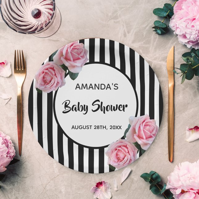 Assiettes En Carton Baby shower noir blanc rayures rose roses (Créateur téléchargé)