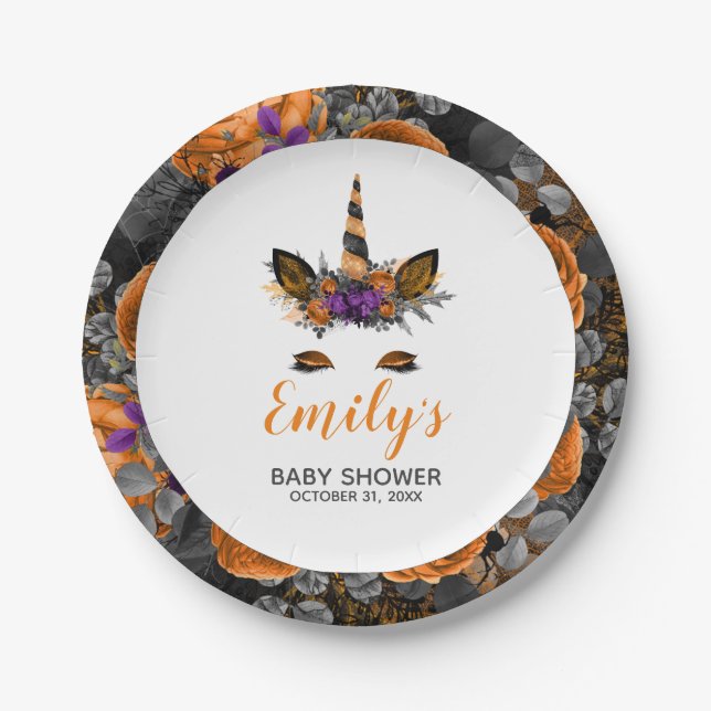 Assiettes En Carton Baby shower noir orange d'Halloween (Devant)