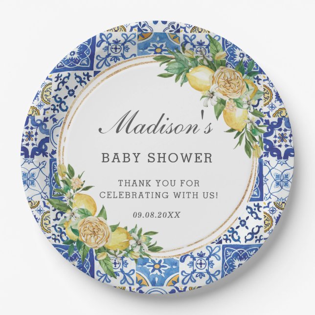 Assiettes En Carton Baby shower nuptial méditerranéen citron (Devant)