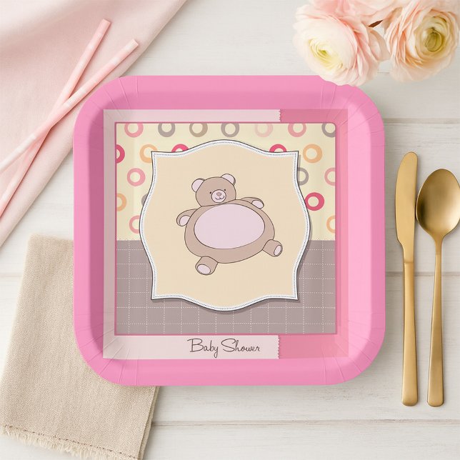 Assiettes En Carton Baby shower ours en peluche avec cercles rétro (Créateur téléchargé)