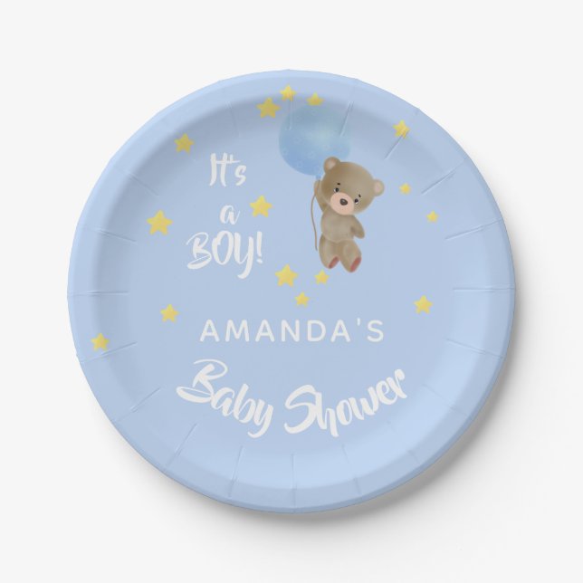 Assiettes En Carton Baby shower ours en peluche garçon bleu nom (Devant)