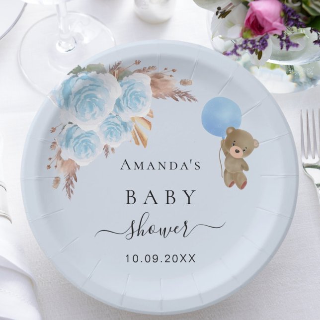 Assiettes En Carton Baby shower ours en peluche garçon pampas herbe bl (Créateur téléchargé)
