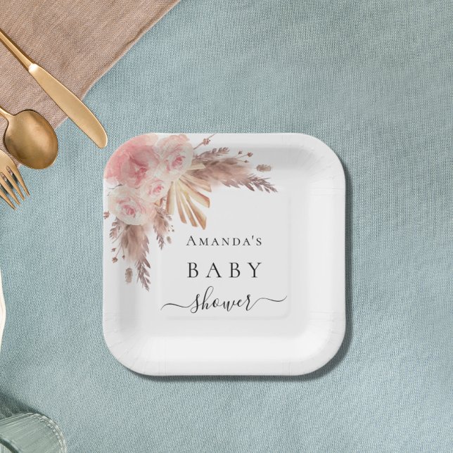Assiettes En Carton Baby shower pampas herbe rose or fleurons blanc (Créateur téléchargé)