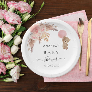 Assiettes En Carton Baby shower pampas herbe rose or teddy