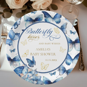 Assiettes En Carton Baby Shower Papillon Bleu Élégant en Or