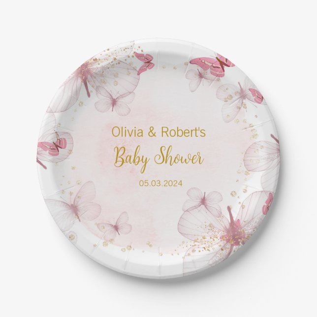 Assiettes En Carton Baby shower papillon rose or (Devant)