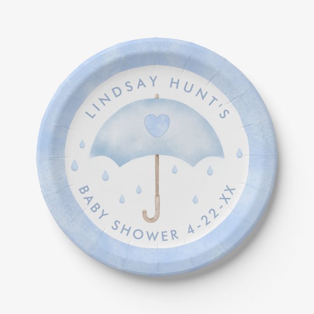 Assiettes En Carton Baby shower parapluie bleu (Devant)