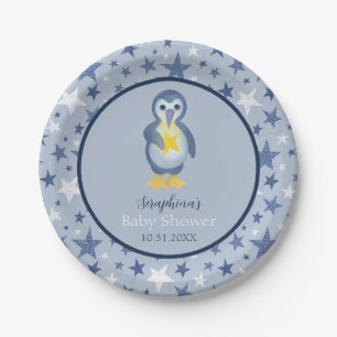 Assiettes En Carton Baby shower Penguin Blue & White Star