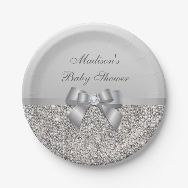 Assiettes En Carton Baby shower personnalisé d'arc de paillettes (Devant)