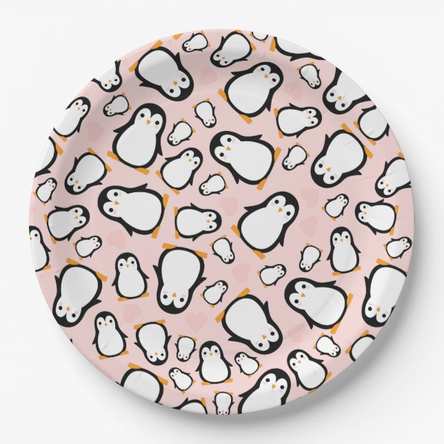 Assiettes En Carton Baby shower Pingouin mignon fille rose (Devant)