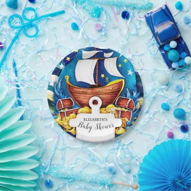 Assiettes En Carton Baby shower pirate personnalisé simple (Fête)