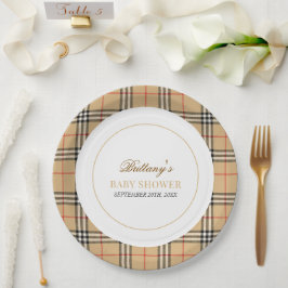 Assiettes En Carton Baby shower Plaid Chèque Beige