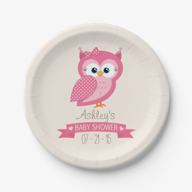 Assiettes En Carton Baby shower Pot Owl rose et blanc (Devant)
