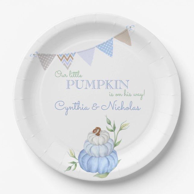 Assiettes En Carton Baby shower pour garçon Citrouille Blue Little (Devant)
