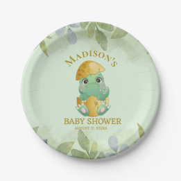 Assiettes En Carton Baby shower pour garçons de dinosaures vert