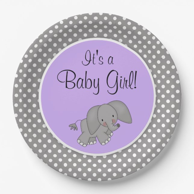 Assiettes En Carton Baby shower pourpre mignon de fille d'éléphant (Devant)