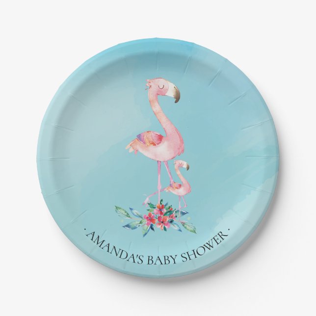 Assiettes En Carton Baby shower rose 7" de Flamant rose d'aquarelle (Devant)