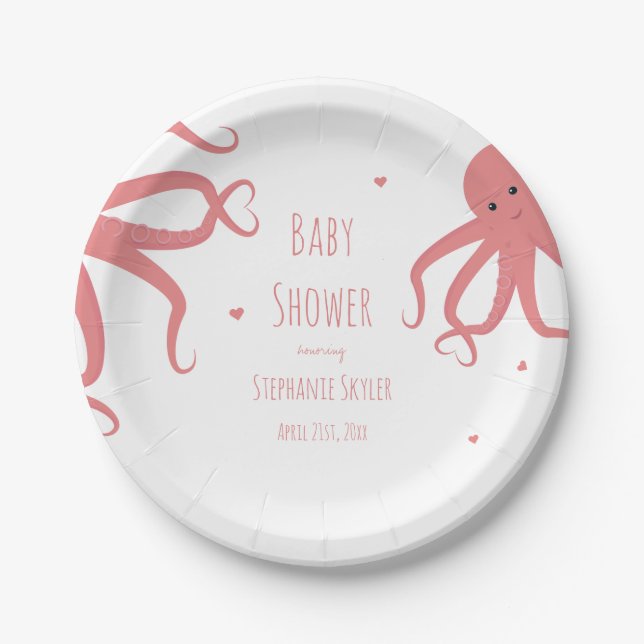 Assiettes En Carton Baby shower rose Coeur octopus mignon (Devant)