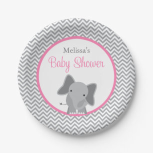 Assiettes En Carton Baby shower rose de Chevron d'éléphant mignon