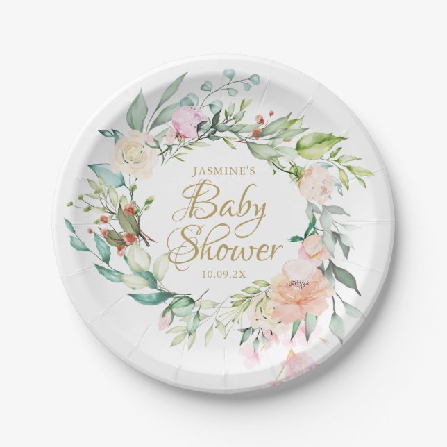 Assiettes En Carton Baby shower Rose en bois / Saupoudrer (Devant)