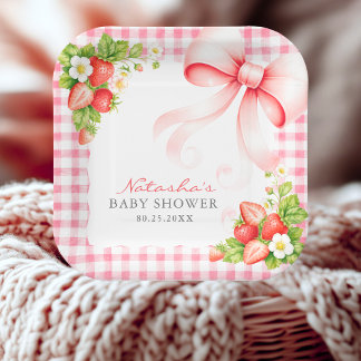 Assiettes En Carton Baby Shower Rose Gingham Fraise Douce