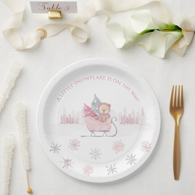 Assiettes En Carton Baby shower rose Little Snowflake (Mariage)