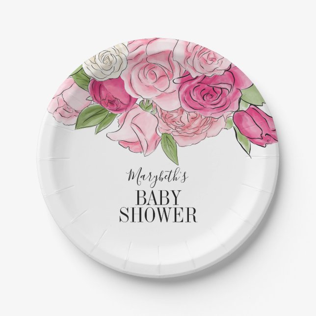 Assiettes En Carton Baby shower Rose rose Aquarelle (Devant)
