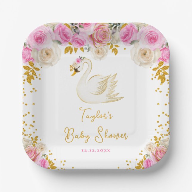 Assiettes En Carton Baby shower Rose Swan Pink et Gold (Recto)