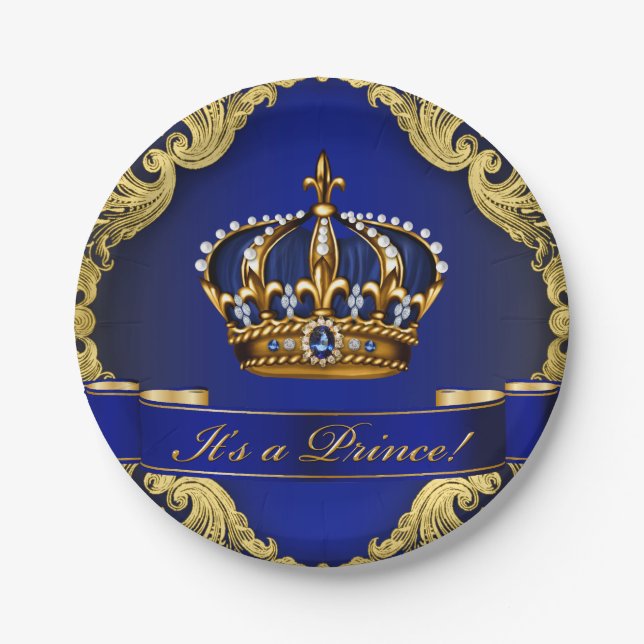 Assiettes En Carton Baby shower Royal Blue and Gold Crown Prince (Devant)