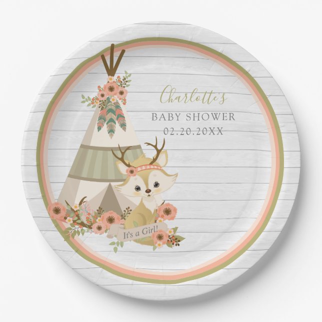Assiettes En Carton Baby shower rustique Booho Fox (Devant)