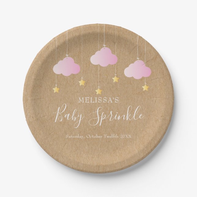 Assiettes En Carton Baby shower rustique kraft scintillant rose (Devant)