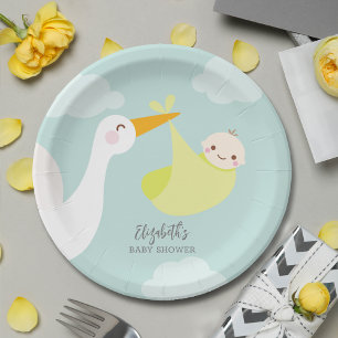 Assiettes En Carton Baby shower superposé jaune cigogne