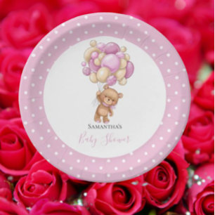 Assiettes En Carton Baby shower Teddy Bear Girl Ballons roses