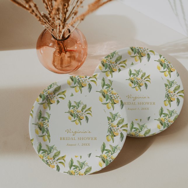 Assiettes En Carton Baby Shower Thème Citron (Lemon Floral Bridal Shower Paper Plates by Painted Paperie
)