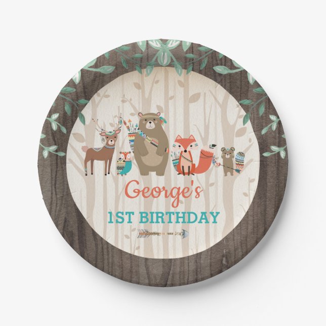 Assiettes En Carton Baby shower tribal d'animal de forêt (Devant)