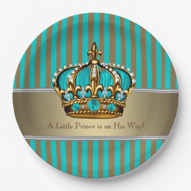 Assiettes En Carton Baby shower Turquoise Blue Gold Prince (Devant)