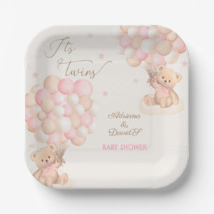 Assiettes En Carton Baby shower Twin Girls Pink Bear Balloons