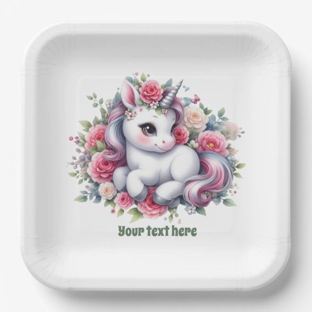 Assiettes En Carton Baby shower unicorn mignon personnalisable (Recto)