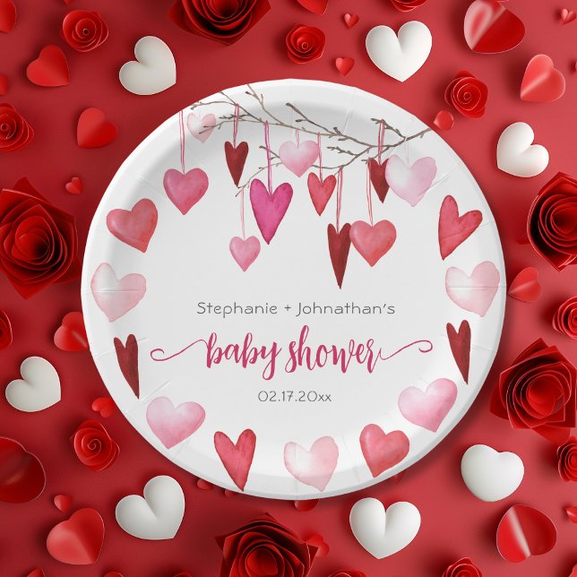 Assiettes En Carton Baby shower Valentine Pink Hearts (Valentine Pink Hearts Baby Shower Paper Plates)